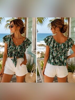 Tropical Botanical Coquette Boho Leaf Ruffle Tie-Front Women's Size Medium